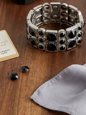 Vintage Silver tone Black Rhinestone Stretch Statement Cuff Bracelet